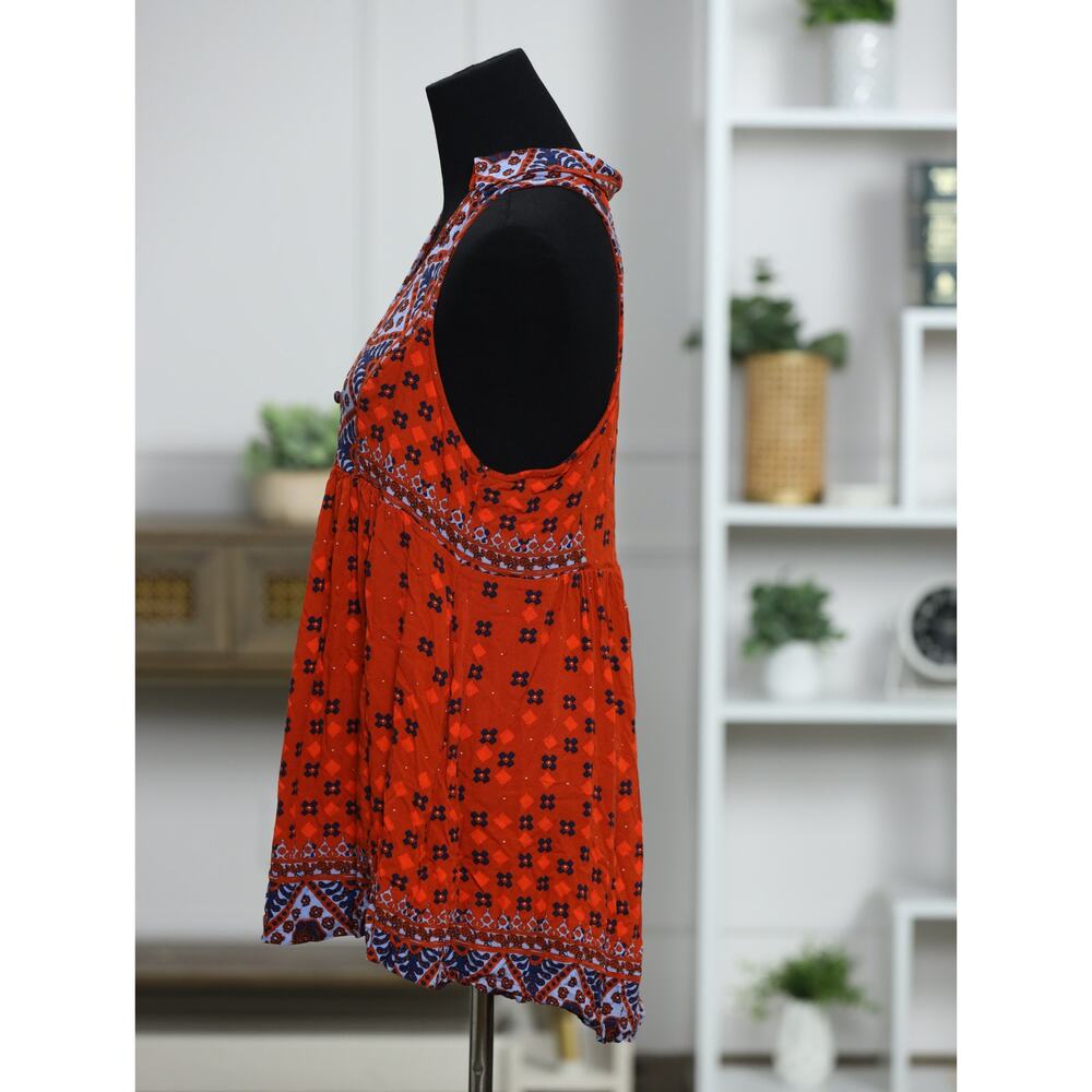 Free People Boho Tunic Dress Medium Red Paisley Printed Mini Collar Button Front - Picture 8 of 14
